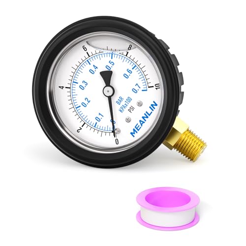 Image of MEANLIN MEASURE 0~10Psi Stainless Steel Liquid Filled Pressure Gauge 1 /4 inch NPT 2.5 inch FACE DIAL with Rubber Protective Sleeve, Lower Mount