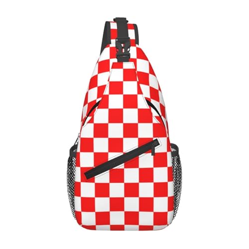 Red White Checkered Chessboard Flag Sling Backpack Unisex Crossbody Chest Bag Shoulder Chest Bag For Women Men Hiking Travel