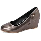 Qynthra Zapatos de Oficina de Punta Redonda Tacón de Cuña Slip On Cómodos Court Pumps Piel Charol Tacones de Trabajo Casuales para Oficina de Negocios y Viaje Diario,Gunmetal,40 EU