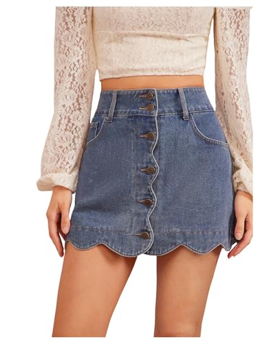 WDIRARA Women's High Waisted Button Front Scalloped Denim Skirt Aline Mini Jean Skirts