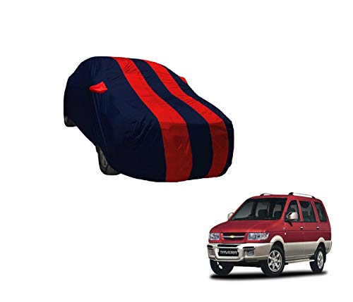 Image of Auto Hub Car Cover Compatible with Chevrolet Tavera with Weather Proof, Mirror Pocket, Triple Stitched, Tavera Car Cover- Navy-Red