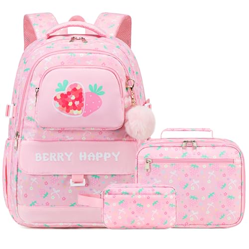 Makukke Schultasche Mädchen Set, Schulrucksack mit Lunch Tasche Federmäppchen, 15,6-Zoll-Laptop Schulranzen für Grundschule, Mittelstufe, Reisen (Rosa)