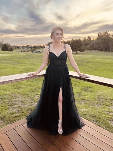 Lace Applique Tulle Prom Dresses 2024 Long Ball Gowns for Women Spaghetti Straps Split Formal Evening Party Gown4