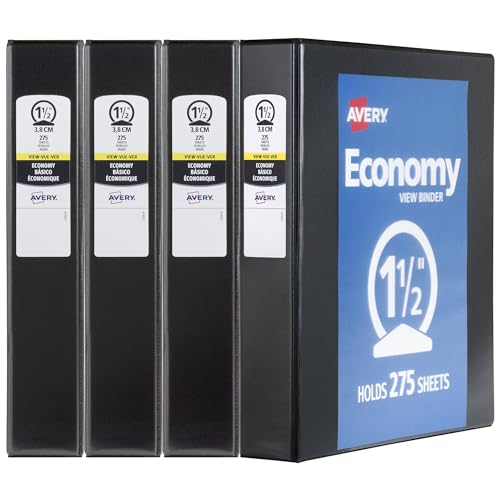 Image of Avery Standard View 3 Ring Binders, 1.5 inch Round Rings, 275-Sheet Capacity, 2.1 Inch Wide Spine, Black Binders, Ideal for Lightweight Organization and Occasional Referencing (4-Pack of 19204)