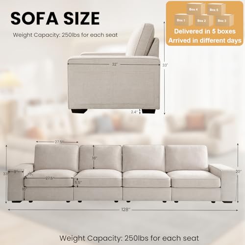 Image of TEKAMON 128 inch Modular Sofa Couch with Large Seats Storage, Chenille Sofa,Modern Comfy 4-Seater Couch for Living Room, Office, Deep Seat, Wide Armrest, Side Pockets, USB Port, Removable Covers, Beige