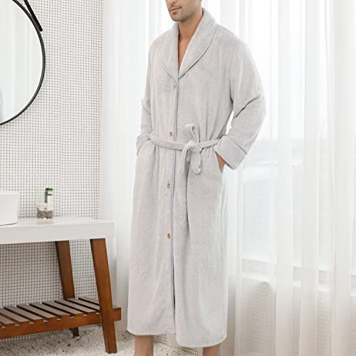 Men's Plush Bathrobe Soft Button Up Long Housecoat Winter Warm Collar Loose Fit SPA Fleece Duster Robe with Pocket3