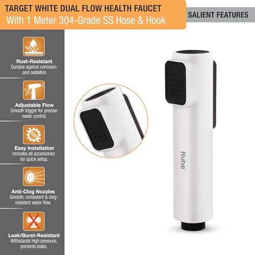 Image of Ruhe Target Water Saving White Health Faucet Set for Bathroom | 2 Flow Modes | Handheld Spray for Toilet | ABS Hand Gun with 304-Grade Stainless Steel Flexible Tube 1 Meter and Wall Hook /Holder