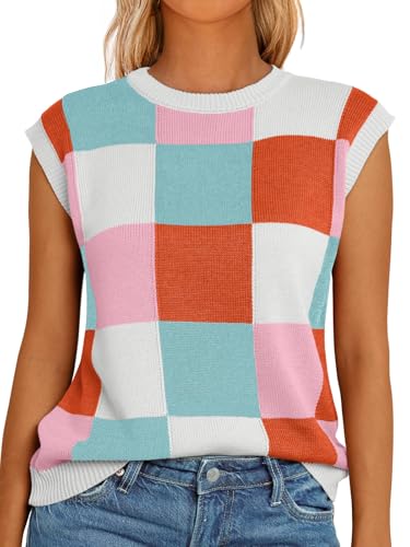 LILLUSORY Womens Tops Sweaters Vest Summer Tank Fall Outfits Fashion Clothes Cute Teacher Sleeveless Knit Shirts Trendy 2024, Large, Pink