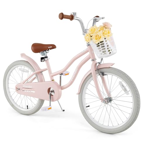 BABY JOY Kids Bike, 20 Inch Boys Girls Bike for 8+ Years Old w/Kickstand, Adjustable Seat, Removable Basket, Handbrake and Coaster Brake, Kids Bicycle (Pink)