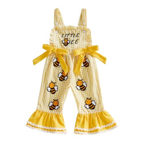 Adobabirl Toddler Baby Girl Overalls Bee Embroidery Sleeveless Strap Bell Bottom Romper Jumpsuit Flare Pants Cute Clothes (Little Bee Yellow 6-12 Months)
