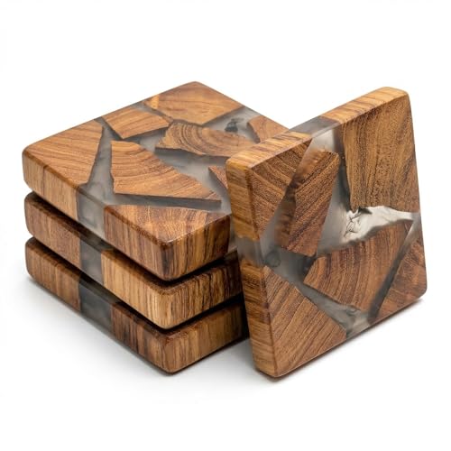 Image of Coaster Set of 4 for Dining Table - Premium Wooden Coasters with Resin Design - Tea, Coffee & Glass Drink Coasters - Luxury Table Coasters for Office Desk, Kitchen & Home Decor