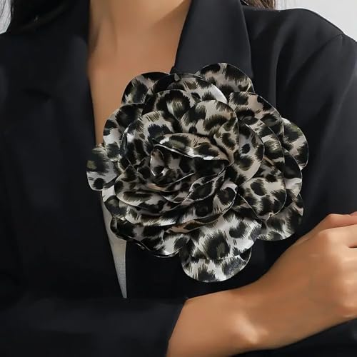 Image of Satin Fabric Rose Flower Brooches Dainty Leopard print Dyed Large Brooches Pins for Women Elegant Rose Flower Brooches Wedding Party Dance Dress Suit Ceremony Clothes Accessories Jewelry 7.5in