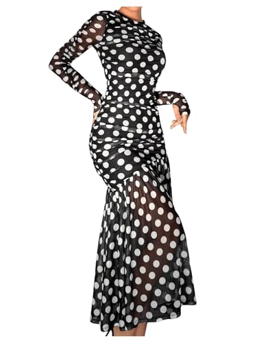 Amazon.com: Verdusa Women's Polka Dots Mesh Layered Bodycon Dress Long  Sleeve Ruched Long Dress Black White X-Small : Clothing, Shoes & Jewelry