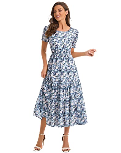 Image of Shineflow Women's Summer Casual Crewneck Floral Print Puff Short Sleeve High Waist Midi Flowy Tiered Dresses