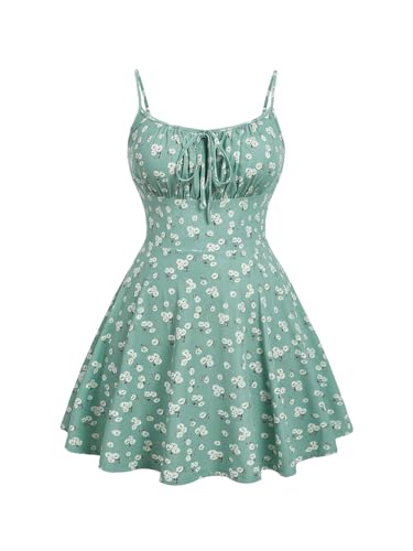 Image of Floerns Women's Plus Size Boho Floral Milkmaid Bow Tie Ruched Cami Summer Holiday Flowy Mini Dress