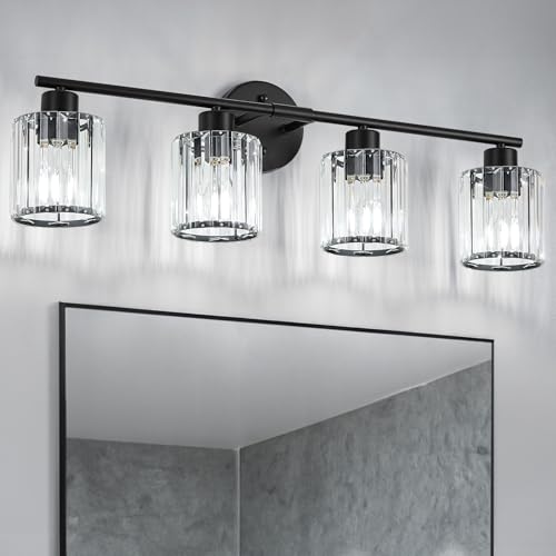 Image of Modern Black Crystal Bathroom Light Fixtures,4-Light | Bathroom Lighting Fixtures over Mirror,Vanity Lights for Mirror, Restroom(Ceramic E26 Socket,Bulbs Not Include)