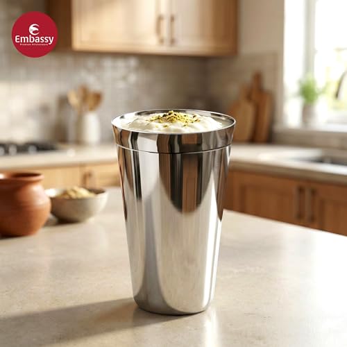 Image of EMBASSY Stainless Steel Plain Lassi Glass | Pack of 2 | 700 ml per Glass | Ideal Glass for Lassi, Smoothies, Juices, Shakes, Water, Milk and Other Beverages.