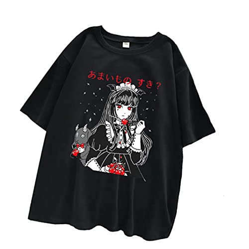 Harajuku Black Vintage Top Anime Print Women T- Shirts Short Sleeve Korean Style Y2 K Goth Clothes