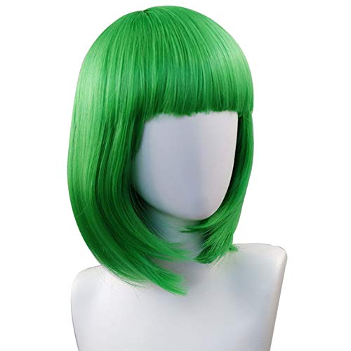 Colorful Green Wigs for Women Short Bob Wig with Bangs 13 Inch Synthetic Costume Wigs As Real Hair Perfect for Halloween ,Cosplay, Daily Party Use Including Wig Cap