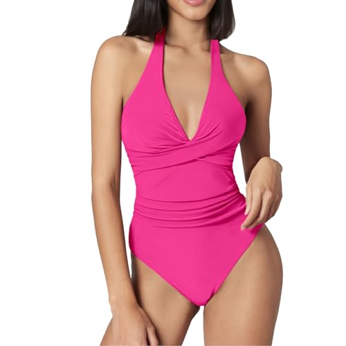 Bañadores Mujer Reductores Bañador de Una Pieza Traje de Baño Adelgazante con Escote en V Profundo Sexy Boho Halterneck Ropa de Baño Push Up Monokinis Acolchado de Bikini Moda de Playa (L)