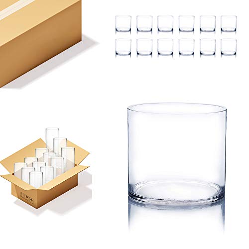 WGV - Jarrón cilíndrico al por mayor, ancho 15 cm, altura 15 cm, recipiente de vidrio transparente alto para centro de mesa, fiesta y decoración de oficina, 12 unidades
