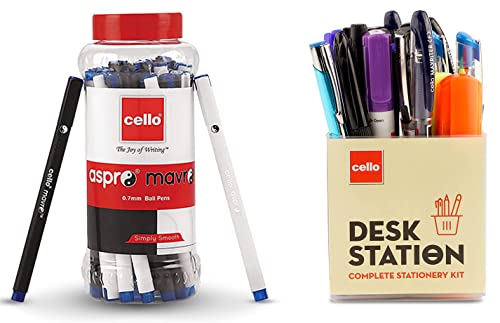 Image of Cello Aspro Mavro Ball Pen Set Desk Station, Assorted office stationery items