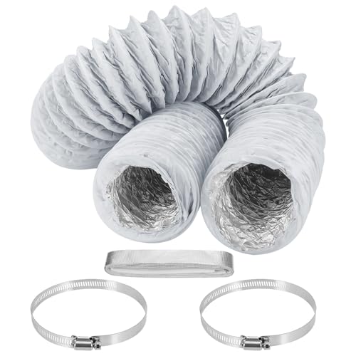Zocipro 100mm Flexible Ducting, 4 Inch 10FT (3M) Long Aluminum Air Ducting, White PVC Lightproof Vent Hose with 2 Clamps & 2M Tape, for HVAC Ventilation, Extractor Fan Systems