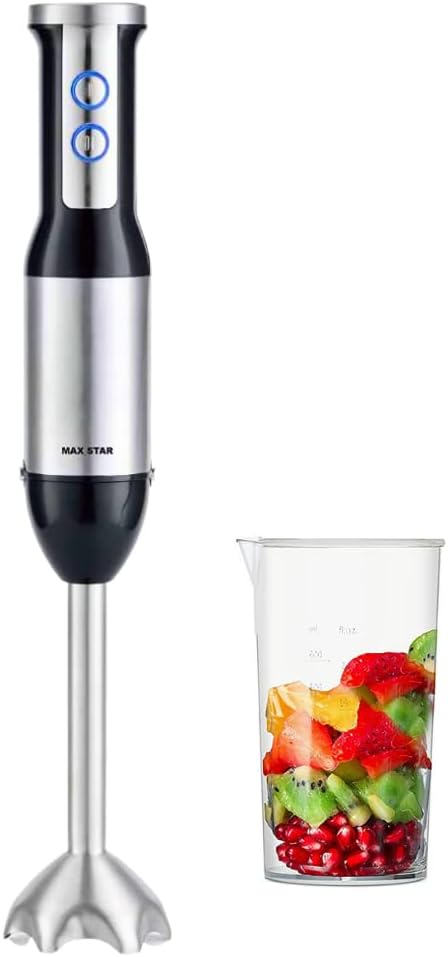 Max Star Batidora de Mano 2 Velocidades 600W Cuchillas de Acero Inoxidable Mango Ergonómica Batidora de Vaso 500ml Pie Desmontable Material de Acero Inoxidable LED Turbo Truturadora de Alimentos