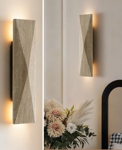 OROILUPU Alabaster Wall Sconce, 15.7" Yellow Travertine Wall Sconces with Rectangle Natural Stone Lampshade, Wabi Sabi Marble Wall Light Fixture for Bedside Bedroom Living Room Kitchen Island