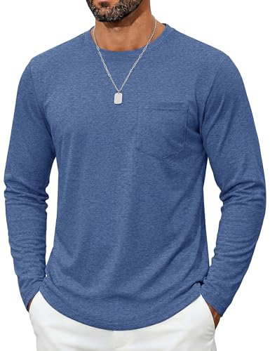 TACVASEN Men's Long Sleeve Shirts Pocket Crew Neck Casual Stylish Breathable Cotton Lightweight Undershirt Grey Blue L