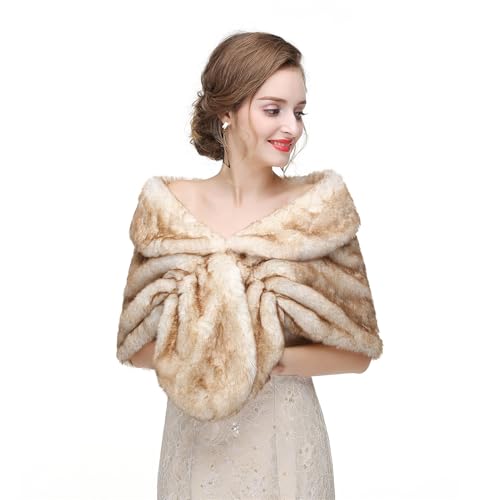 GIBZ Women Faux Fur Shawl Wrap Stole Elegant Winter Warm Banquet Poncho Cape