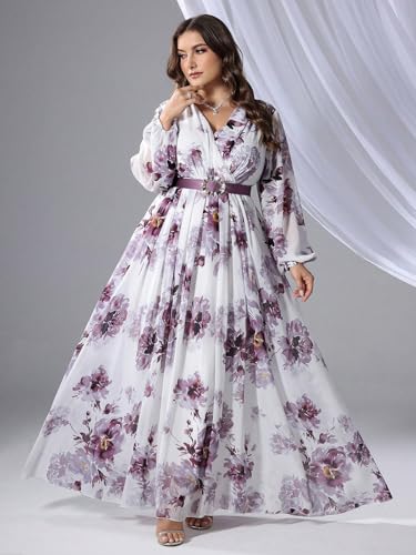 Image of Spring Summer 2024 Plus Size Womens Dresses V Neck Casual Elegant Long Sleeve Floral Print Maxi Dress