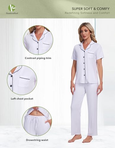 Womens Pajamas Set Short Sleeve Tops with Pants Pjs Notch Collar Sleepwear Button Down Pj Sets S-XXL2