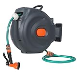 Panana 20m Retractable Hose Reel, Portable Wall-Mounted Plastic Garden Reel with 9 Function Spray Nozzle, 180°Swivel, Auto Lock and Auto Rewind, Long Reach, Outdoor Watering Grey