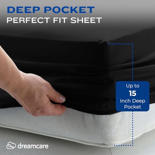 Image of DREAMCARE King Size Sheets Set - 4 pcs Breathable Cooling Sheets - up to 15 inch Deep Pocket King Sheet Set with Side Pockets - Extra Soft 100% Brushed Hypoallergenic Hotel Luxury Bedding Black