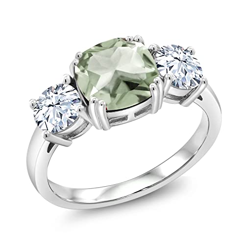 Gem Stone King 925 Sterling Silver Green Prasiolite and White Zirconia 3 Stone Engagement Ring For Women (3.55 Cttw, Gemstone, Cushion 8MM, Available in Size 5,6,7,8,9)