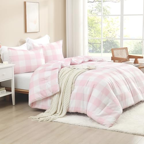 Image of Andency Pink Checkered Comforter Full(79x90Inch), Plaid Gingham Buffalo Plaid Grid Bedding Sets for Girls Kids Women Kids Teens, 3 Pieces Lightweight Polyester Geometric Preppy Bed Set