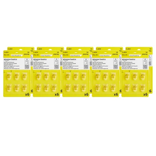 Amazon Basics Paquete de 60 pilas, tamaño 10, para audífonos, zinc aire, 1,45 voltios, pestaña amarilla, vida útil de 4 años, Paquete seguro para niños (usa tijeras para abrirlo)