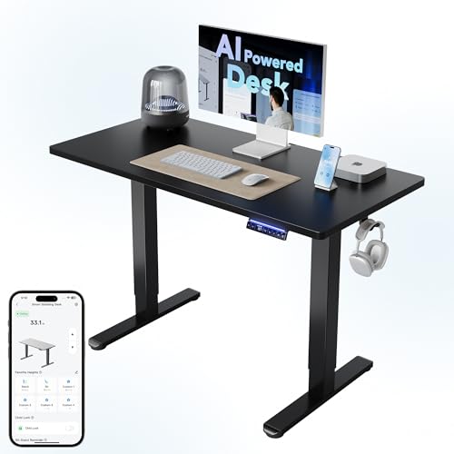 HUANUO One-Piece AI-Powered Electric Standing Desk, Smart APP, Work with Alexa & Google, Adjustable Height, 3 Memory Settings, Sedentary Reminder, Ergonomic Sit-Stand Desk, 48-inch, Black