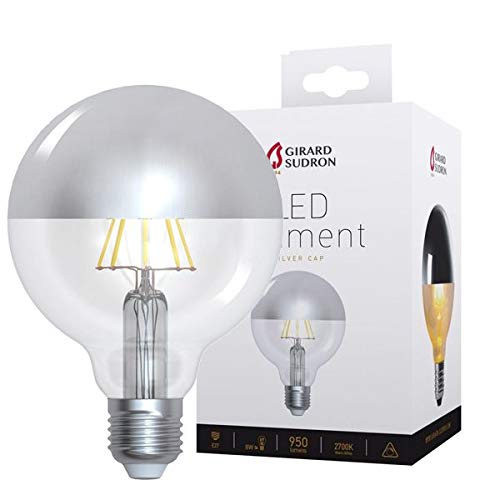 Girard Sudron 15649-LED Globe G95 - Bombilla de filamento LED (95 mm, casquillo E27, rosca ES, luz blanca cálida, 950 lúmenes, regulable, 8 W, tapa plateada) Cover