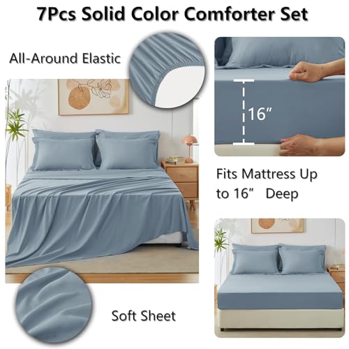 CozyLux Queen Comforter Set Grayish Blue, 7 Pieces Bed in a Bag Queen Comforter Set with Sheets, Bedding Sets with Down Alternative Comforter, Fitted Sheets, Flat Sheets, Pillow Shams and Pillowcases