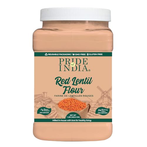 Pride of India - Harina de lentejas rojas de 1 libra (454 g) con un toque de dulzura, sabor terroso ligeramente a nuez recién molida en pequeños lotes | Se utiliza para cocinar, hornear revestimiento