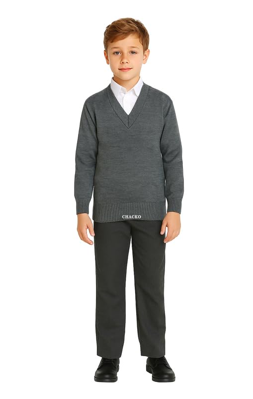 CHACKO Unisex School Uniform Woolen Sweater for Boys & Girls | Warm Winter V-Neck_Grey,11-12 Years - Image 5 thumbnail