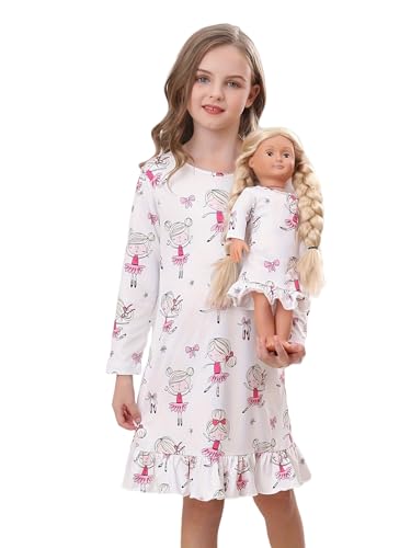 Bow Dream Toddler Girls Casual Dress and Matching American Girl Doll Clothes for Girls Cute Cartoon Kids DressWhite Cartoon