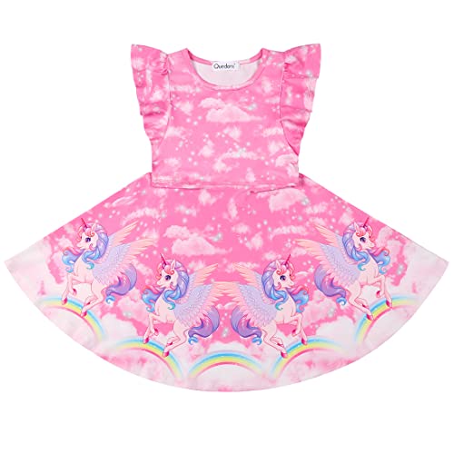 Quedoris Girls Twirly Printed Casual Party Dress Ruffle Sleeve Fantasy Unicorn Cap L #TOP4