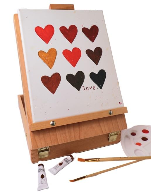 Loveria Tischstaffelei Holz, Acrylfarbe Set | Kompletter Malkoffer mit integrierter Staffelei aus Buchenholz | 24 Acrylfarben, 10 Pinsel, 2 Bleistife,...