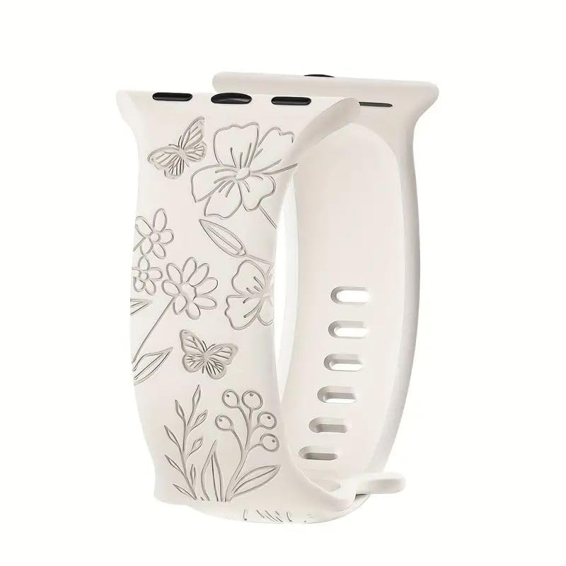 Floral Engraved Bands Compatible with Watch Band 40mm 41mm 38mm 42mm 44mm 45mm 46mm 49mm Women, Soft Silicone Cute Embossed Rose Watch Band for iWatch Series