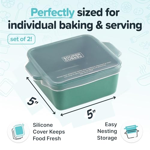 Image of Souper Cubes Ceramic Baking Dishes 2.0-5 inch x 5 inch Baking Dishes with Silicone Lids, Individual Baking Dishes for Oven, Microwave, Oven and Air Fryer Safe, USA Made, Set of 2 - Kale