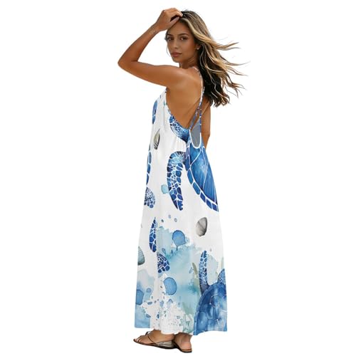Robe d'été pour femme longue dos nu bleu aquarelle motif tortue marine