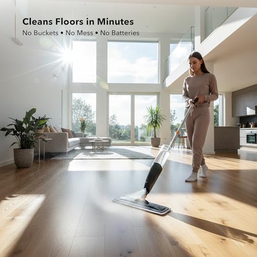 Image of OVENTE Microfiber Spray Mop with 650ml Refillable Bottle, Black CTM121BGD | Absorbent Microfiber Pad, Washable & Reusable Pad, 360 Spin Flat Wet Scrubber for Hardwood, Ceramic, Laminate & Vinyl Tiles
